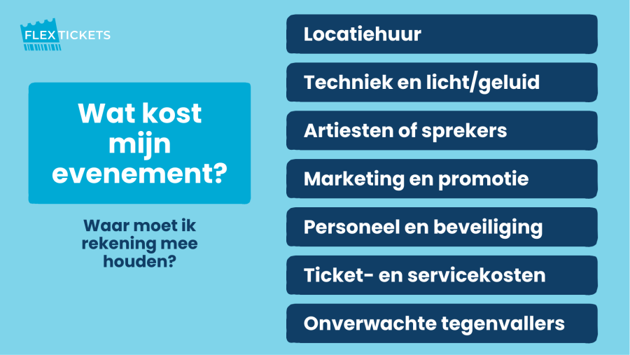 ticketprijs bepalen checklist: – Locatiehuur – Techniek en licht/geluid – Artiesten of sprekers – Marketing en promotie – Personeel en beveiliging – Ticketkosten en servicekosten – Reserveringen voor tegenvallers